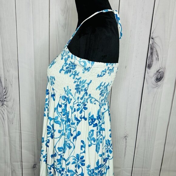 GO FISH Blue Floral Batik Smocked Maxi Halter Sundress Rayon Indonesia Sz M - Picture 7 of 12